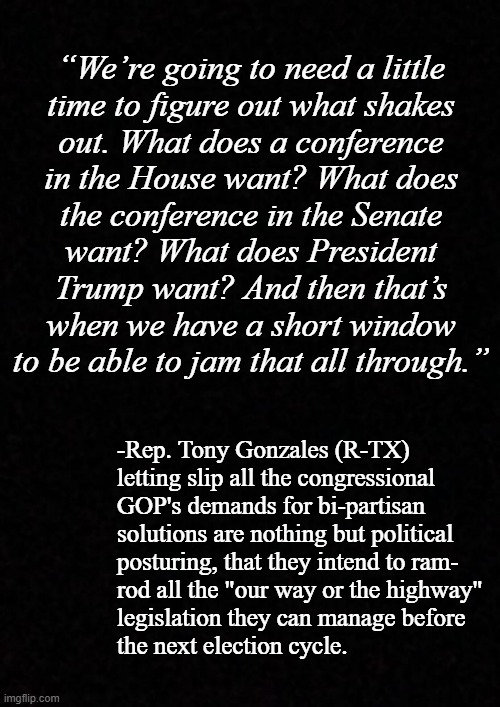 Knew it... | “We’re going to need a little
time to figure out what shakes
out. What does a conference
in the House want? What does
the conference in the Senate
want? What does President
Trump want? And then that’s
when we have a short window
to be able to jam that all through.”; -Rep. Tony Gonzales (R-TX)
letting slip all the congressional
GOP's demands for bi-partisan
solutions are nothing but political
posturing, that they intend to ram-
rod all the "our way or the highway"
legislation they can manage before
the next election cycle. | image tagged in blank,hypocrisy | made w/ Imgflip meme maker