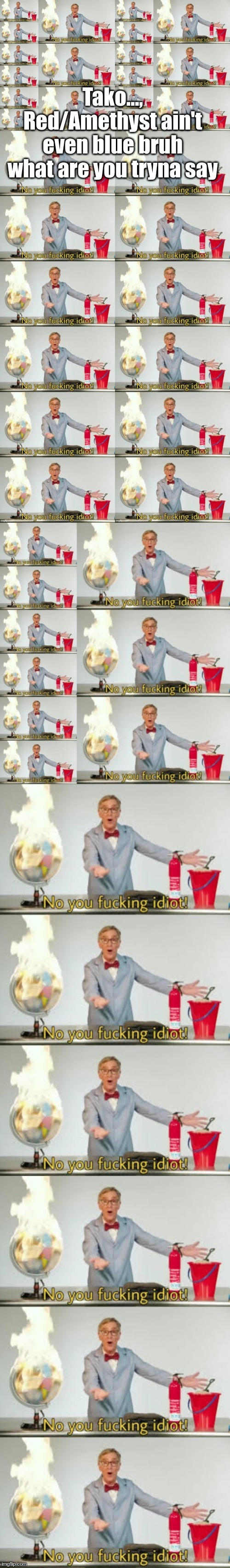no you fucking idiot | Tako..., Red/Amethyst ain't even blue bruh what are you tryna say | image tagged in no you fucking idiot | made w/ Imgflip meme maker