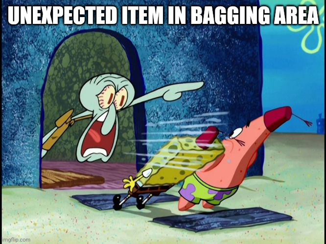 Please wait for assistance... | UNEXPECTED ITEM IN BAGGING AREA | image tagged in squidward screaming,memes | made w/ Imgflip meme maker