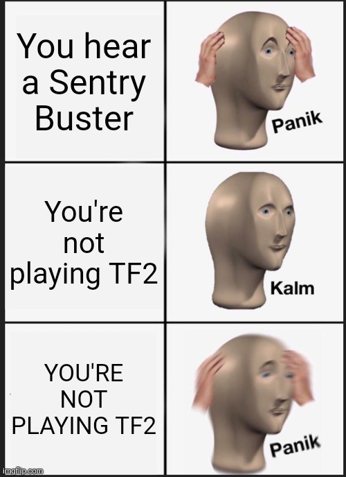 SENTRY BUSTER!!! | You hear a Sentry Buster; You're not playing TF2; YOU'RE NOT PLAYING TF2 | image tagged in memes,panik kalm panik,tf2,oh no | made w/ Imgflip meme maker