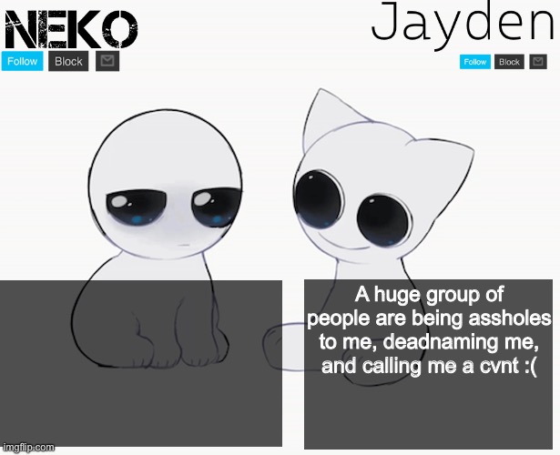 I hate my life and I want to fvcking die | A huge group of people are being assholes to me, deadnaming me, and calling me a cvnt :( | image tagged in jayden and neko shared temp | made w/ Imgflip meme maker