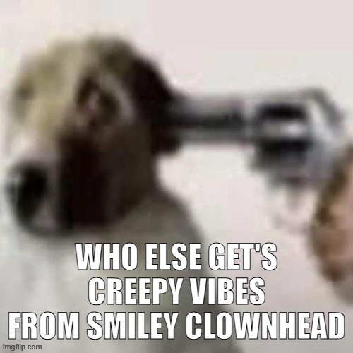 dog gunpoint | WHO ELSE GET'S CREEPY VIBES FROM SMILEY CLOWNHEAD | image tagged in dog gunpoint | made w/ Imgflip meme maker
