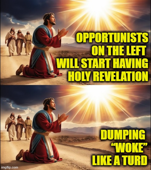 Times they are a' changing | OPPORTUNISTS
ON THE LEFT 
WILL START HAVING
HOLY REVELATION; DUMPING 
“WOKE”
LIKE A TURD | made w/ Imgflip meme maker