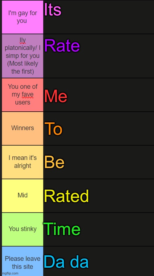 Neko new tier list | Its; Rate; Me; To; Be; Rated; Time; Da da | image tagged in neko new tier list | made w/ Imgflip meme maker