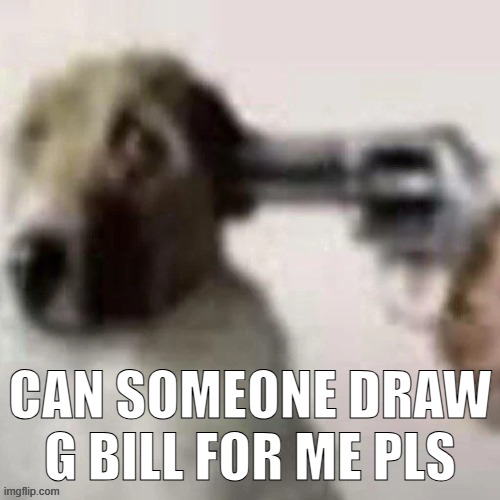 dog gunpoint | CAN SOMEONE DRAW G BILL FOR ME PLS | image tagged in dog gunpoint | made w/ Imgflip meme maker