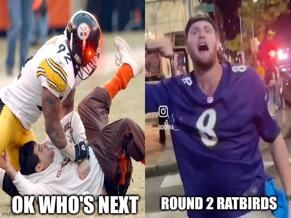 Ravens fan meme | OK WHO'S NEXT; ROUND 2 RATBIRDS | image tagged in memes,pittsburgh steelers,baltimore ravens,nfl memes,football,nfl | made w/ Imgflip meme maker