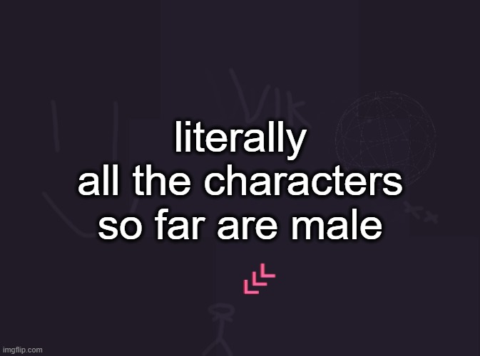 comment more characters | literally all the characters so far are male | image tagged in vik's image | made w/ Imgflip meme maker