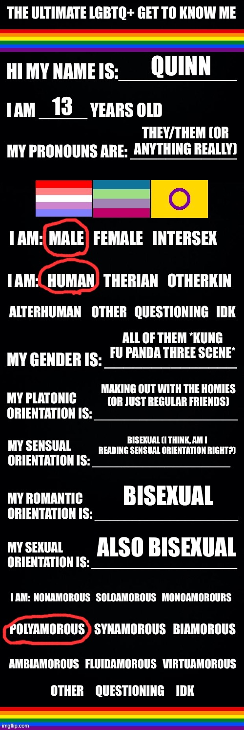 Idk what all these orientations mean but whatever | QUINN; 13; THEY/THEM (OR ANYTHING REALLY); ALL OF THEM *KUNG FU PANDA THREE SCENE*; MAKING OUT WITH THE HOMIES (OR JUST REGULAR FRIENDS); BISEXUAL (I THINK, AM I READING SENSUAL ORIENTATION RIGHT?); BISEXUAL; ALSO BISEXUAL | image tagged in the ultimate lgbtq get to know me | made w/ Imgflip meme maker
