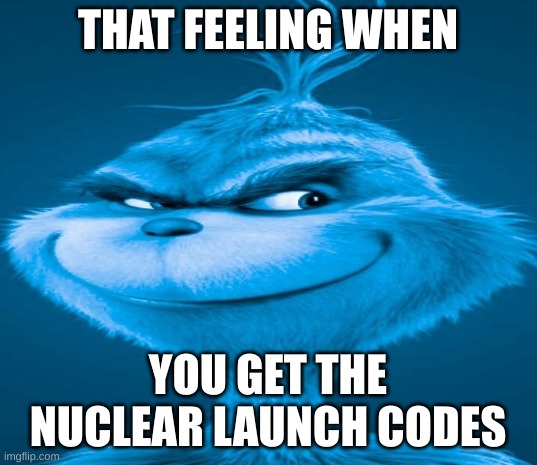 Blue Grinch | THAT FEELING WHEN; YOU GET THE NUCLEAR LAUNCH CODES | image tagged in blue grinch,knee surgery lookin aah meme,boom shakalaka,kapow bomb go boom,memes | made w/ Imgflip meme maker