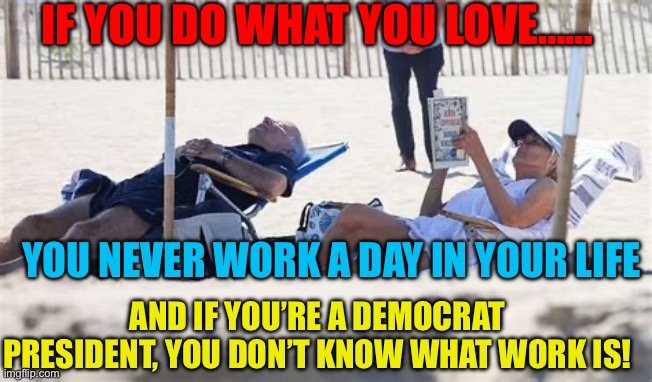 It’s time to go | IF YOU DO WHAT YOU LOVE……; YOU NEVER WORK A DAY IN YOUR LIFE; AND IF YOU’RE A DEMOCRAT PRESIDENT, YOU DON’T KNOW WHAT WORK IS! | image tagged in biden at the beach,democrats,biden,incompetence | made w/ Imgflip meme maker