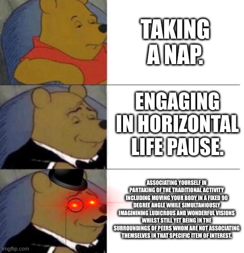 TAKING A NAP. ENGAGING IN HORIZONTAL LIFE PAUSE. ASSOCIATING YOURSELF IN PARTAKING OF THE TRADITIONAL ACTIVITY INCLUDING MOVING YOUR BODY IN | image tagged in tuxedo winnie the pooh 3 panel | made w/ Imgflip meme maker