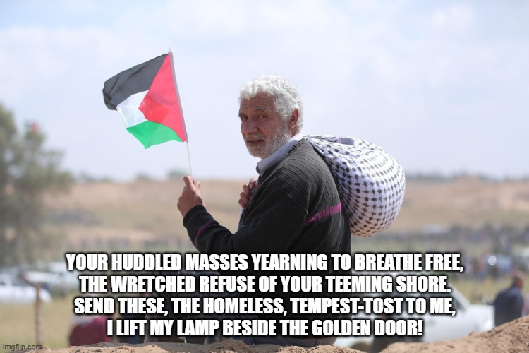 Searching for Freedom | YOUR HUDDLED MASSES YEARNING TO BREATHE FREE,
THE WRETCHED REFUSE OF YOUR TEEMING SHORE.
SEND THESE, THE HOMELESS, TEMPEST-TOST TO ME,
I LIFT MY LAMP BESIDE THE GOLDEN DOOR! | image tagged in palestine | made w/ Imgflip meme maker