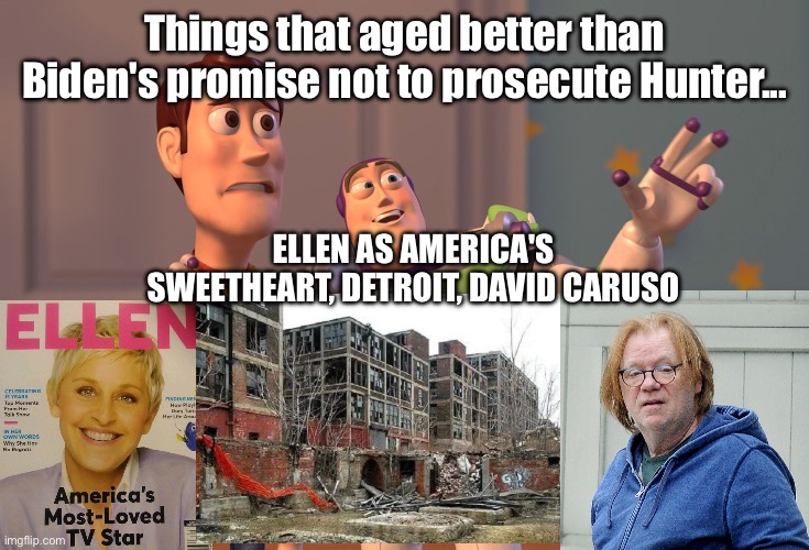 X, X Everywhere | Things that aged better than Biden's promise not to prosecute Hunter... ELLEN AS AMERICA'S SWEETHEART, DETROIT, DAVID CARUSO | image tagged in memes,x x everywhere | made w/ Imgflip meme maker