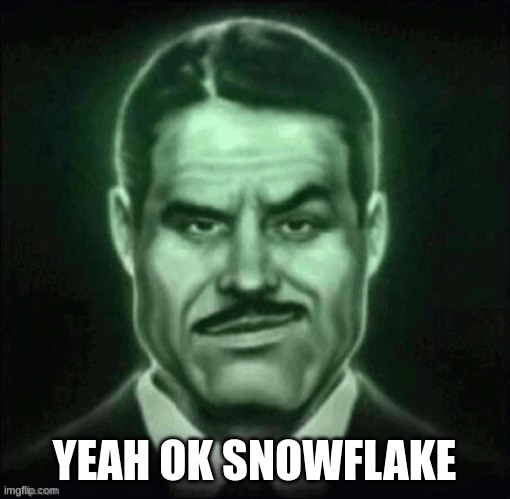 Guy in suit smirk | YEAH OK SNOWFLAKE | image tagged in guy in suit smirk | made w/ Imgflip meme maker