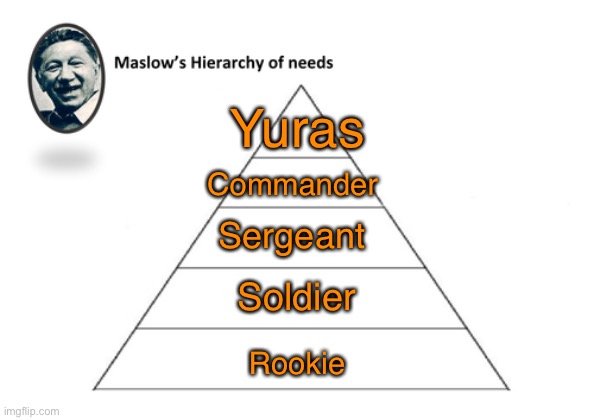 Here’s the hierarchy of the Gods Fist military branch Yuras leads. | Yuras; Commander; Sergeant; Soldier; Rookie | image tagged in hierarchy of needs | made w/ Imgflip meme maker