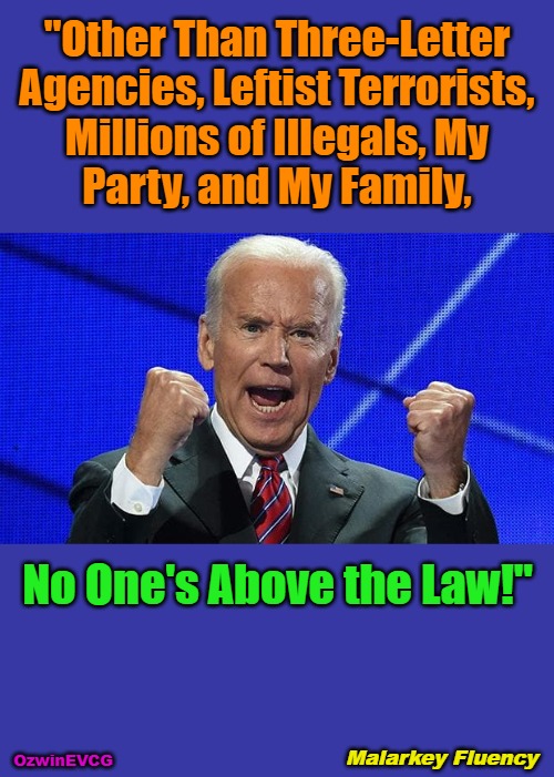 [The FJB...] Malarkey Fluency [...Variant Intensifies] | "Other Than Three-Letter 

Agencies, Leftist Terrorists, 

Millions of Illegals, My 

Party, and My Family, No One's Above the Law!"; Malarkey Fluency; OzwinEVCG | image tagged in joe biden,hunter biden,biden crime family,liberal hypocrisy,government corruption,clownworld 2020s | made w/ Imgflip meme maker