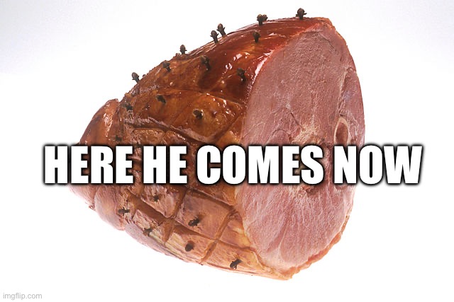 The big ham | HERE HE COMES NOW | image tagged in snow | made w/ Imgflip meme maker