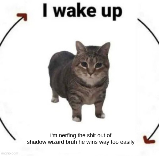 i wake up cat | I'm nerfing the shit out of shadow wizard bruh he wins way too easily | image tagged in i wake up cat | made w/ Imgflip meme maker