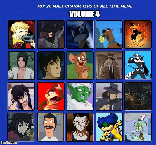 top 20 male characters of all time volume 4 | image tagged in top 20 male characters of all time volume 4,top 20,anime,videogames,cartoons,movies | made w/ Imgflip meme maker