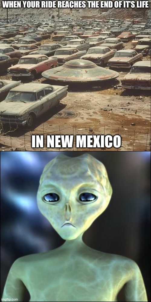 UFO | WHEN YOUR RIDE REACHES THE END OF IT’S LIFE; IN NEW MEXICO | image tagged in disappointed alien,ufo,roswell,alien,area 51 | made w/ Imgflip meme maker