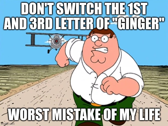 Peter Griffin running away | DON'T SWITCH THE 1ST AND 3RD LETTER OF "GINGER"; WORST MISTAKE OF MY LIFE | image tagged in peter griffin running away | made w/ Imgflip meme maker