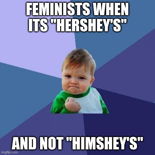 Success Kid | FEMINISTS WHEN ITS "HERSHEY'S"; AND NOT "HIMSHEY'S" | image tagged in memes,success kid | made w/ Imgflip meme maker