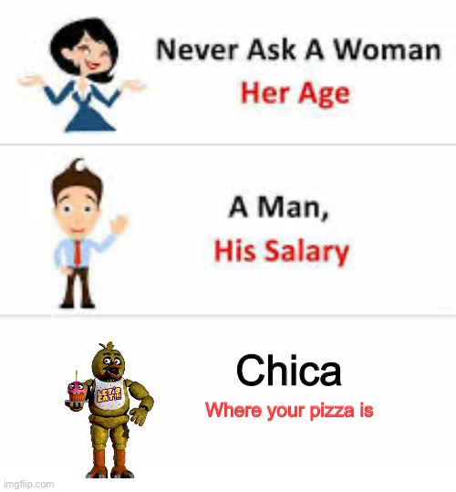 Never ask a woman her age | Chica; Where your pizza is | image tagged in never ask a woman her age | made w/ Imgflip meme maker