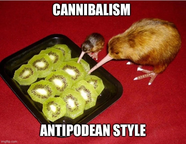 Kiwi | CANNIBALISM; ANTIPODEAN STYLE | image tagged in kiwi,new zealand,cannibalism | made w/ Imgflip meme maker