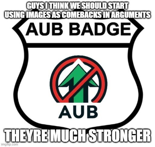 real | GUYS I THINK WE SHOULD START USING IMAGES AS COMEBACKS IN ARGUMENTS; THEYRE MUCH STRONGER | image tagged in aub | made w/ Imgflip meme maker