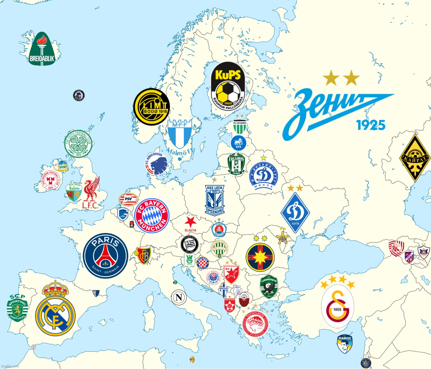 Europe Football Map as Domestic Leagues Champions 2024-2025 (my opinion) | image tagged in europe,futbol,real madrid,bayern munich,napoli,liverpool | made w/ Imgflip meme maker