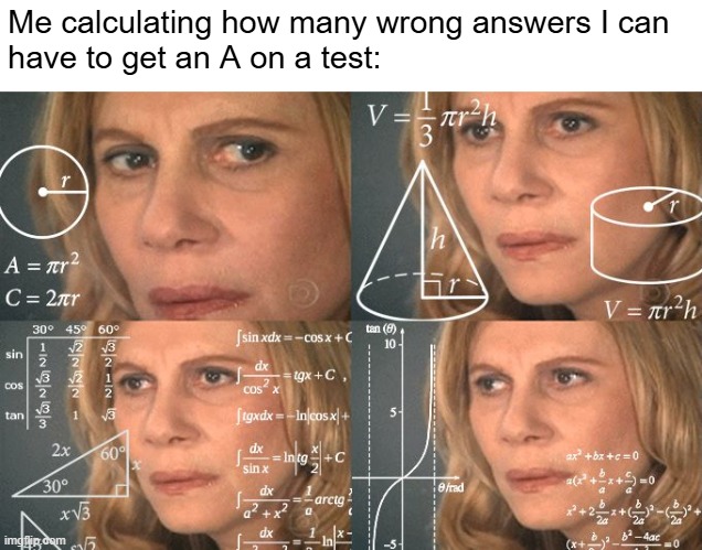 exams be like | Me calculating how many wrong answers I can 
have to get an A on a test: | image tagged in calculating meme,school | made w/ Imgflip meme maker