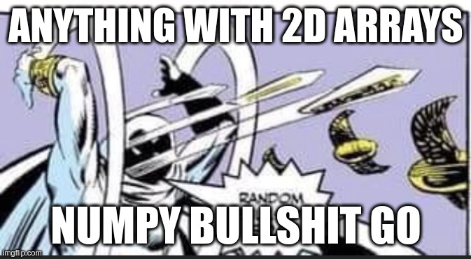 Random Bullshit Go | ANYTHING WITH 2D ARRAYS; NUMPY BULLSHIT GO | image tagged in random bullshit go | made w/ Imgflip meme maker