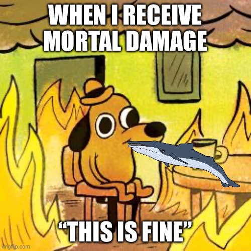 Dog in burning house | WHEN I RECEIVE MORTAL DAMAGE “THIS IS FINE” | image tagged in dog in burning house | made w/ Imgflip meme maker