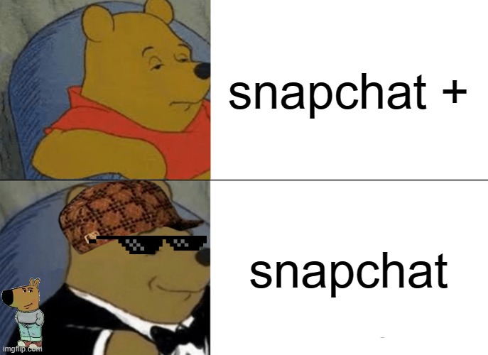 Tuxedo Winnie The Pooh Meme | snapchat +; snapchat | image tagged in memes,tuxedo winnie the pooh | made w/ Imgflip meme maker