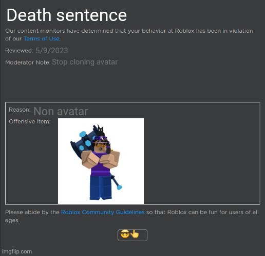 Death sentence | Death sentence; 5/9/2023; Stop cloning avatar; Non avatar; 🤓👆 | image tagged in roblox ban | made w/ Imgflip meme maker