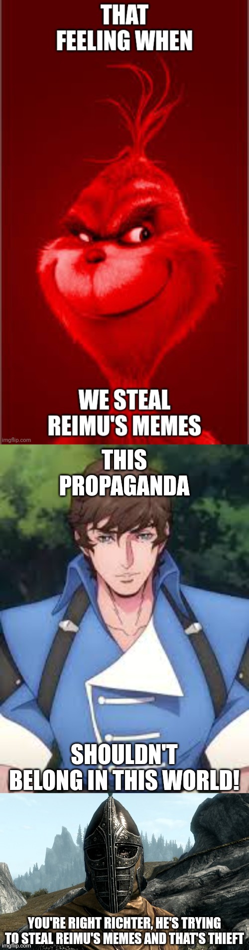 Here comes the Thieft incident | THIS PROPAGANDA; SHOULDN'T BELONG IN THIS WORLD! YOU'RE RIGHT RICHTER, HE'S TRYING TO STEAL REIMU'S MEMES AND THAT'S THIEFT | image tagged in skyrim guard | made w/ Imgflip meme maker