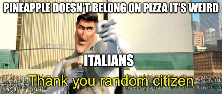 Pineapple doesn't belong on Pizza | PINEAPPLE DOESN'T BELONG ON PIZZA IT'S WEIRD; ITALIANS | image tagged in thank you random citizen | made w/ Imgflip meme maker