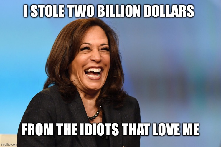 Kamala Harris laughing | I STOLE TWO BILLION DOLLARS; FROM THE IDIOTS THAT LOVE ME | image tagged in kamala harris laughing,election 2024,donald trump,liberal logic,stupid liberals | made w/ Imgflip meme maker