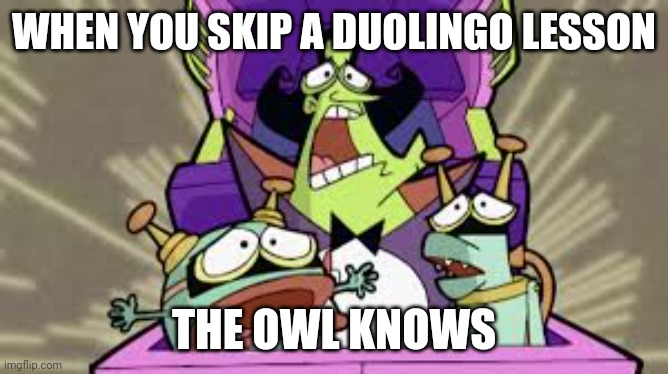 Duo Is Not Happy With The Gang | WHEN YOU SKIP A DUOLINGO LESSON; THE OWL KNOWS | image tagged in gang | made w/ Imgflip meme maker