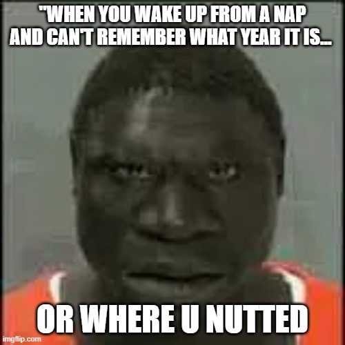 e | "WHEN YOU WAKE UP FROM A NAP AND CAN'T REMEMBER WHAT YEAR IT IS... OR WHERE U NUTTED | image tagged in e | made w/ Imgflip meme maker