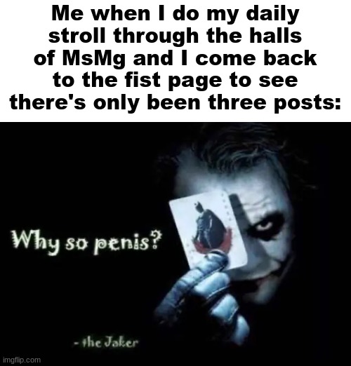 Why so Penis? | Me when I do my daily stroll through the halls of MsMg and I come back to the fist page to see there's only been three posts: | image tagged in why so penis | made w/ Imgflip meme maker