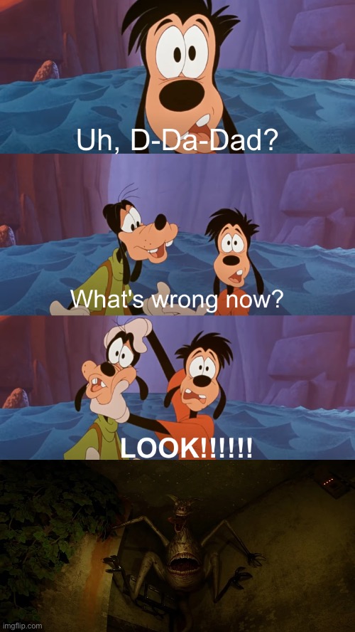 Goofy and Max see Zoochosis Mutant Wallaby | image tagged in goofy,zoochosis,wallaby | made w/ Imgflip meme maker