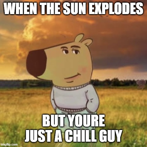 Chill guy | WHEN THE SUN EXPLODES; BUT YOURE JUST A CHILL GUY | image tagged in chill guy | made w/ Imgflip meme maker