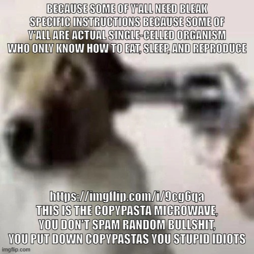https://imgflip.com/i/9cg6qa | BECAUSE SOME OF Y'ALL NEED BLEAK SPECIFIC INSTRUCTIONS BECAUSE SOME OF Y'ALL ARE ACTUAL SINGLE-CELLED ORGANISM WHO ONLY KNOW HOW TO EAT, SLEEP, AND REPRODUCE; https://imgflip.com/i/9cg6qa THIS IS THE COPYPASTA MICROWAVE, YOU DON'T SPAM RANDOM BULLSHIT, YOU PUT DOWN COPYPASTAS YOU STUPID IDIOTS | image tagged in dog gunpoint | made w/ Imgflip meme maker