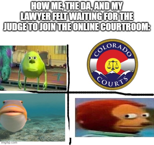 this was yesterday | HOW ME, THE DA, AND MY LAWYER FELT WAITING FOR THE JUDGE TO JOIN THE ONLINE COURTROOM: | made w/ Imgflip meme maker