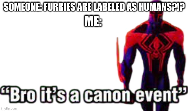 and disrupting it will birth the anti-christ | SOMEONE: FURRIES ARE LABELED AS HUMANS?!? ME: | image tagged in bro it s a canon event | made w/ Imgflip meme maker