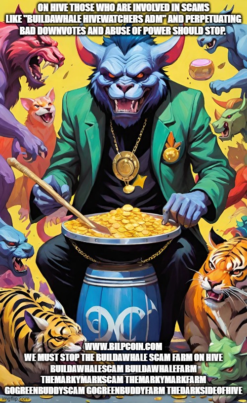 ON HIVE THOSE WHO ARE INVOLVED IN SCAMS LIKE "BUILDAWHALE HIVEWATCHERS ADM" AND PERPETUATING BAD DOWNVOTES AND ABUSE OF POWER SHOULD STOP. WWW.BILPCOIN.COM
WE MUST STOP THE BUILDAWHALE SCAM FARM ON HIVE
BUILDAWHALESCAM BUILDAWHALEFARM THEMARKYMARKSCAM THEMARKYMARKFARM GOGREENBUDDYSCAM GOGREENBUDDYFARM THEDARKSIDEOFHIVE | made w/ Imgflip meme maker