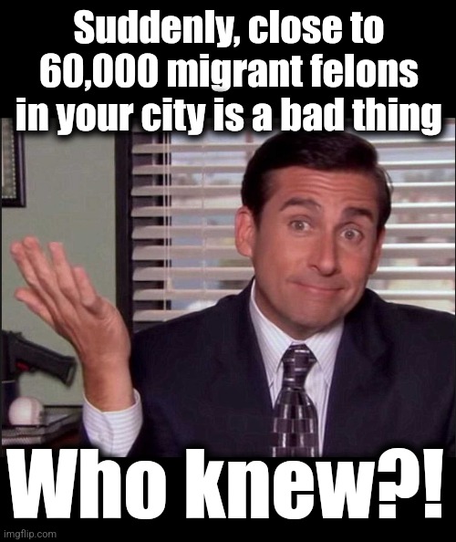 Suddenly, close to 60,000 migrant felons in your city is a bad thing Who knew?! | image tagged in blank black,michael scott | made w/ Imgflip meme maker