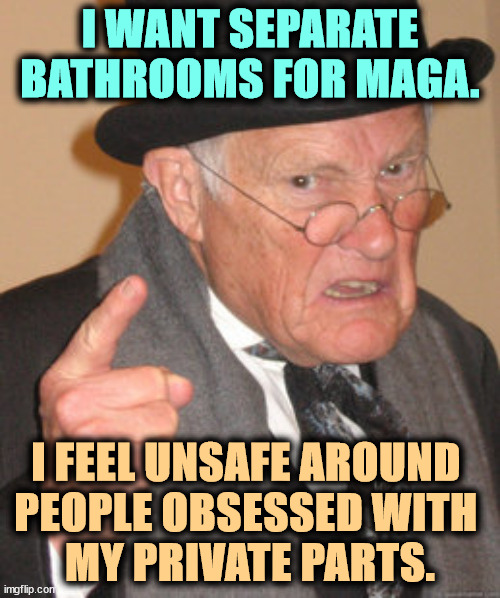 Those MAGA wingdings should get a life. | I WANT SEPARATE BATHROOMS FOR MAGA. I FEEL UNSAFE AROUND 
PEOPLE OBSESSED WITH 
MY PRIVATE PARTS. | image tagged in memes,back in my day,bathrooms,maga,obsessed,anatomy | made w/ Imgflip meme maker