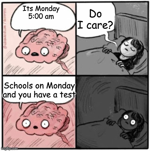 School On Monday | Do I care? Its Monday 5:00 am; Schools on Monday and you have a test | image tagged in brain before sleep,test,quiz,hard | made w/ Imgflip meme maker